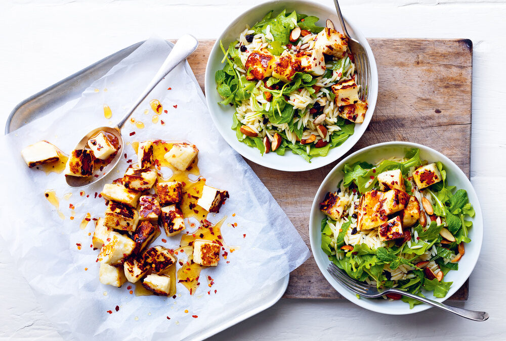 Risoni and chilli-honey haloumi salad